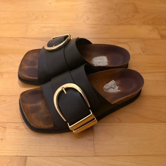 Khaite Brown Slide Sandals with Gold Buckle - Picture 2 of 6